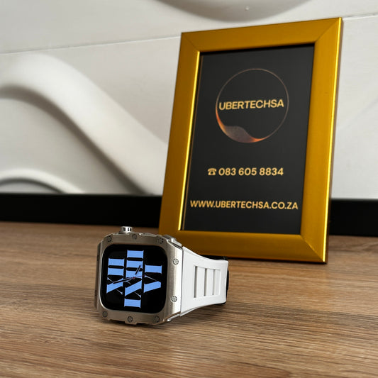 APPLE WATCH RM CASE - STEEL METAL CASE + WHITE STRAP